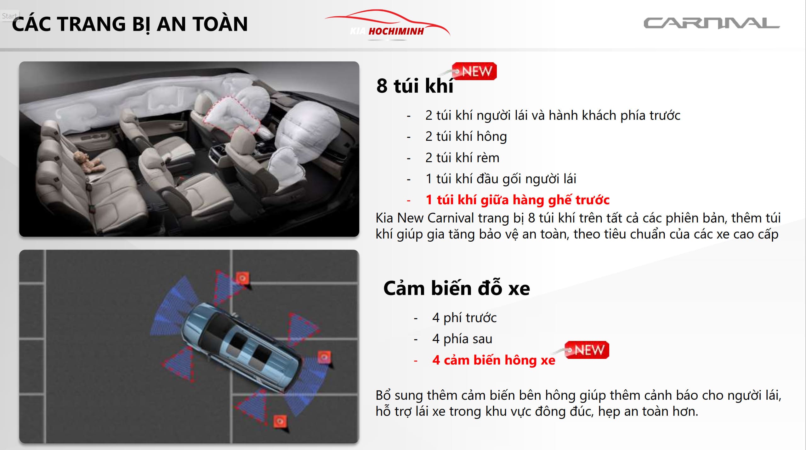 Kia Carnival với 8 túi khí và 12 cảm biến trang bị xung quanh xe